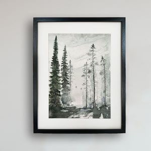 Dipinto di foresta oscura, stampa artistica di alberi grigi e bianco invernale, acquerello di foresta di pini, natura malinconica, dipinto originale, opera d'arte fatta a mano