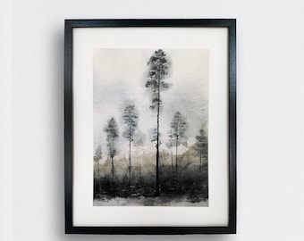 Impresión de acuarela de bosque brumoso: arte mural de pino nórdico