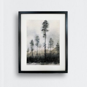 Acquerello foresta nebbiosa, dipinto di pini nordici, albero di pino nebbioso, stampa artistica di foreste nordiche, arredamento per la casa, arazzo da parete con natura, arte forestale