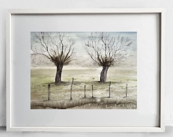 Original Watercolor Landscape Painting: Melancholic Field with Two Trees