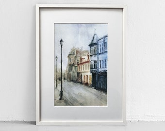 Cozy Old Town print, Europe city wall hanging, Old city streets wall art, Printed art, Home decor, Watercolor painting print, Fine art