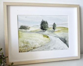 Original Watercolor Painting: Green Summer Landscape, Farmhouse Wall Art