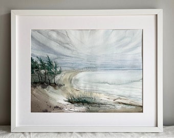 ORIGINAL Seascape Painting, Sea Dunes Watercolor Painting, Cloudy Day At The Beach Shore, Signed Painting, Coastal Beige Neutral Artwork