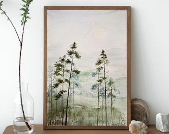 Watercolor Forest Print: Scandinavian Nature Landscape Art