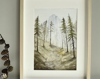 Original Watercolor Pine Tree Painting: Nordic Mountain Forest Art
