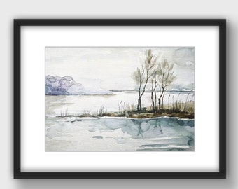 Winter Nature Watercolors Art Print, Lakeside Watercolor Painting, Aquarelle Print, Nordic Landscape Art Print, Home Decor, Forest Artwork