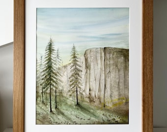 Original Forest Cliffside Watercolor Painting: Signed Nature Art (15.75x19.69)