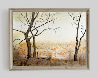 Original Autumn Meadow Watercolor Painting: Signed Landscape Art