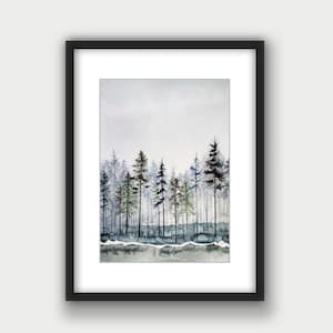 Stampa artistica della foresta di pini, pino nebbioso, stampa della natura, paesaggio della foresta nordica, sempreverde, opera d'arte della foresta, arte degli alberi, acquerello fatto a mano