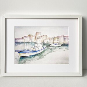 Oldtown Boat Painting, Harbour Painting Art Print, Aquarelle Wall Hanging, Home Decor, Original Watercolor Artwork, Ship Port Illustration