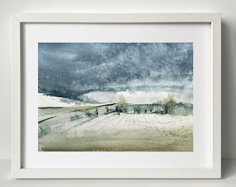 Original Watercolor Blue Landscape Painting: Skyscape Meadow Artwork