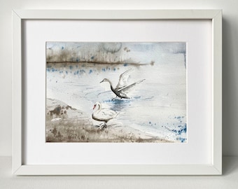Original Swan Watercolor Painting: Lakeside Bird Art (8.27x11.70 in)