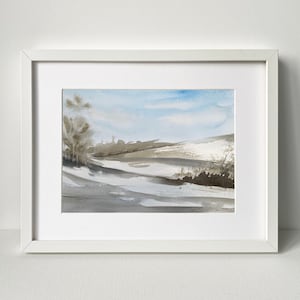 ORIGINAL Blue Sky Landscape Painting, Light Neutral Abstract Nature Artwork, Handpainted Aquarelle, Farmhouse Decor, Relaxing Wall Art