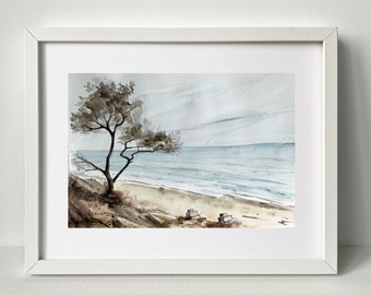 ORIGINAL Seascape Painting, Sea Dunes Watercolor Painting, Sunny Day At The Beach Shore, Signed Painting, Coastal Beige Neutral Artwork