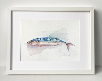 Atlantic Mackerel Artwork, Fish Art Original Watercolor, Handpainted Aquarelle, Nautical Kitchen Decor, Fresh Sea Fish Artwork