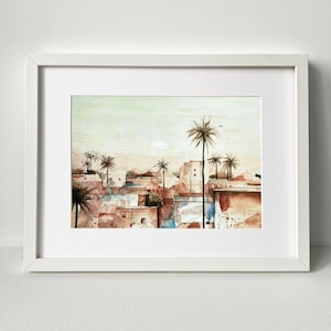 Stampa artistica acquerello tramonto in Marocco, arte murale paesaggio di Marrakech, stampa pittura ad acquerello, attaccatura a parete Aquarelle, decorazioni per la casa fatte a mano