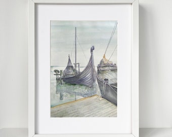 Original Watercolor Painting: Old Sailboats, Kurenas Wooden Boat