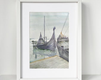 ORIGINAL Painting of Old Sailboats, Old Fishboats Watercolor Artwork, Handpainted and Signed Painting, Kurenkahn, Kurenas Wooden Boat