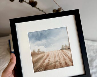 Framed Watercolor Landscape Painting: Plowed Fields Mini Artwork