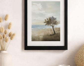 Original Watercolor Summer Landscape Painting, Abstract Tree Painting, Brown Tones Art
