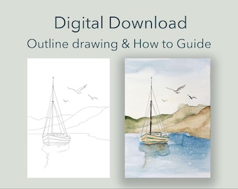 Sailboat Line Art Printable: DIY Watercolor Painting Kit (Digital Download)