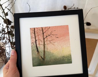 Framed Watercolor Landscape ''Red Sky'': Original Sunset Wall Art