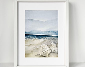 Polar Bears Watercolor Print, Arctic Wildlife Art