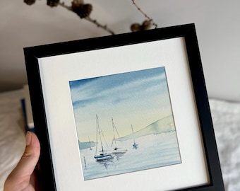 Framed Sailboat Watercolor Painting: Small Original Art, 5x5"