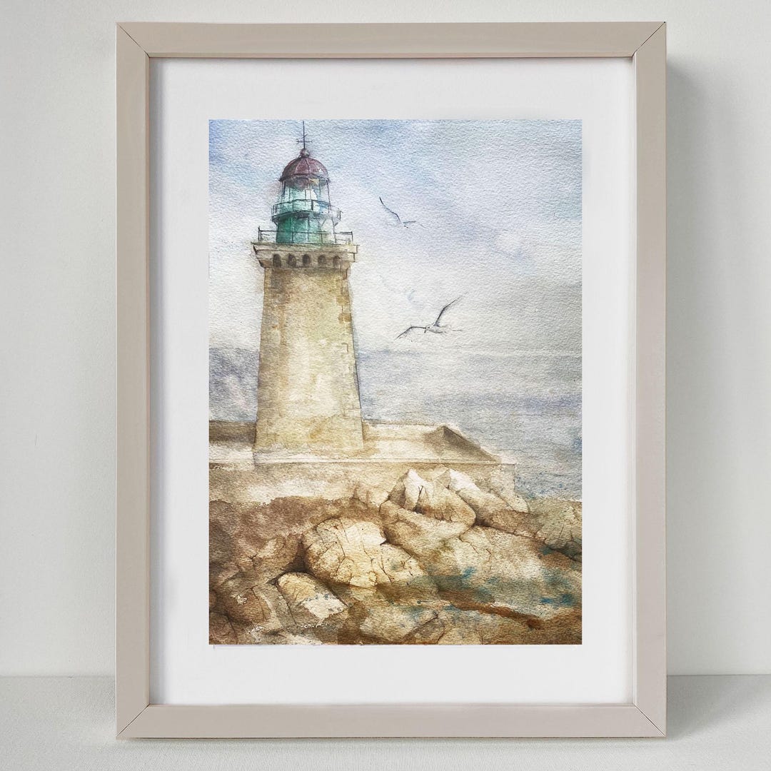 Lighthouse Watercolor Art Print: Coastal Seascape Painting - Etsy
