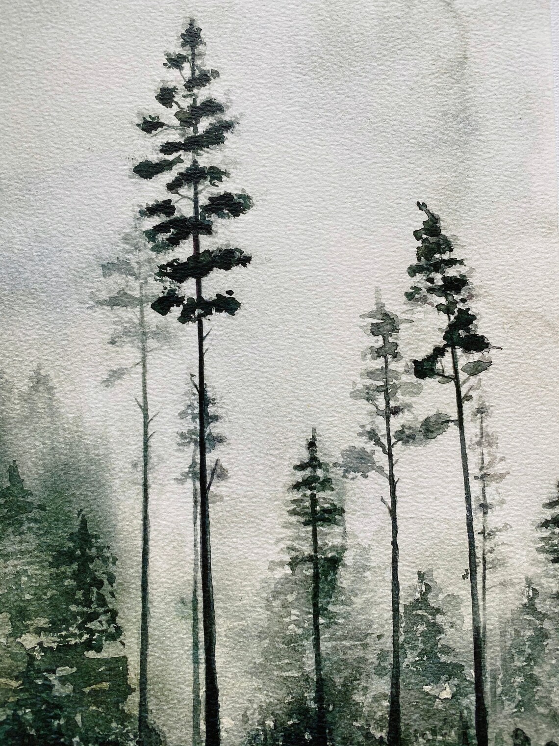 Nordic Forest Watercolor Art Print Foggy Pine Tree Nature - Etsy