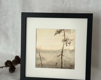 Framed Watercolor Rustic Landscape: Original Painting Abstract Tree
