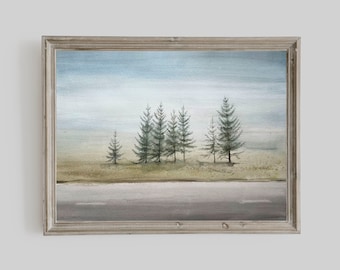Original Watercolor: Lone Trees in Misty Meadow