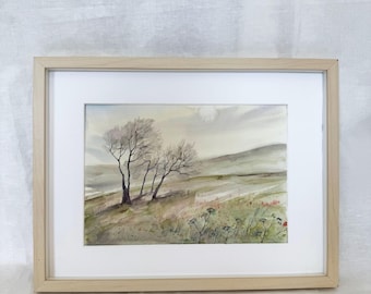 Original Watercolor Green Meadow Painting: Handmade Neutral Farmhouse Wall Art