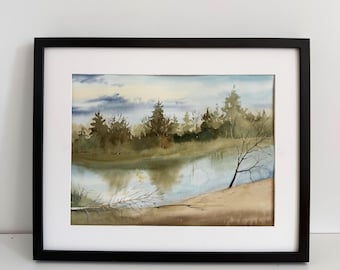 Original Watercolor River Bend Forest Painting, Moss Green Nature Artwork