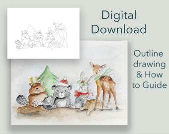 Christmas Animals Line Art: DIY Watercolor Painting Kit (Digital Download)