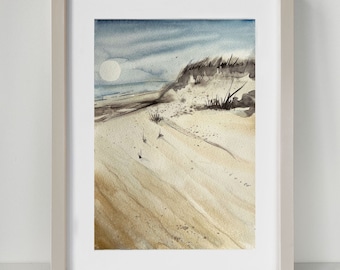 Originales Aquarellgemälde „Sandiger Strand“ – Ruhiges Morgen-Meereslandschaftskunstwerk