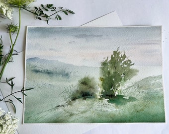 Original Summer Landscape Watercolor Painting: Green Tree Art