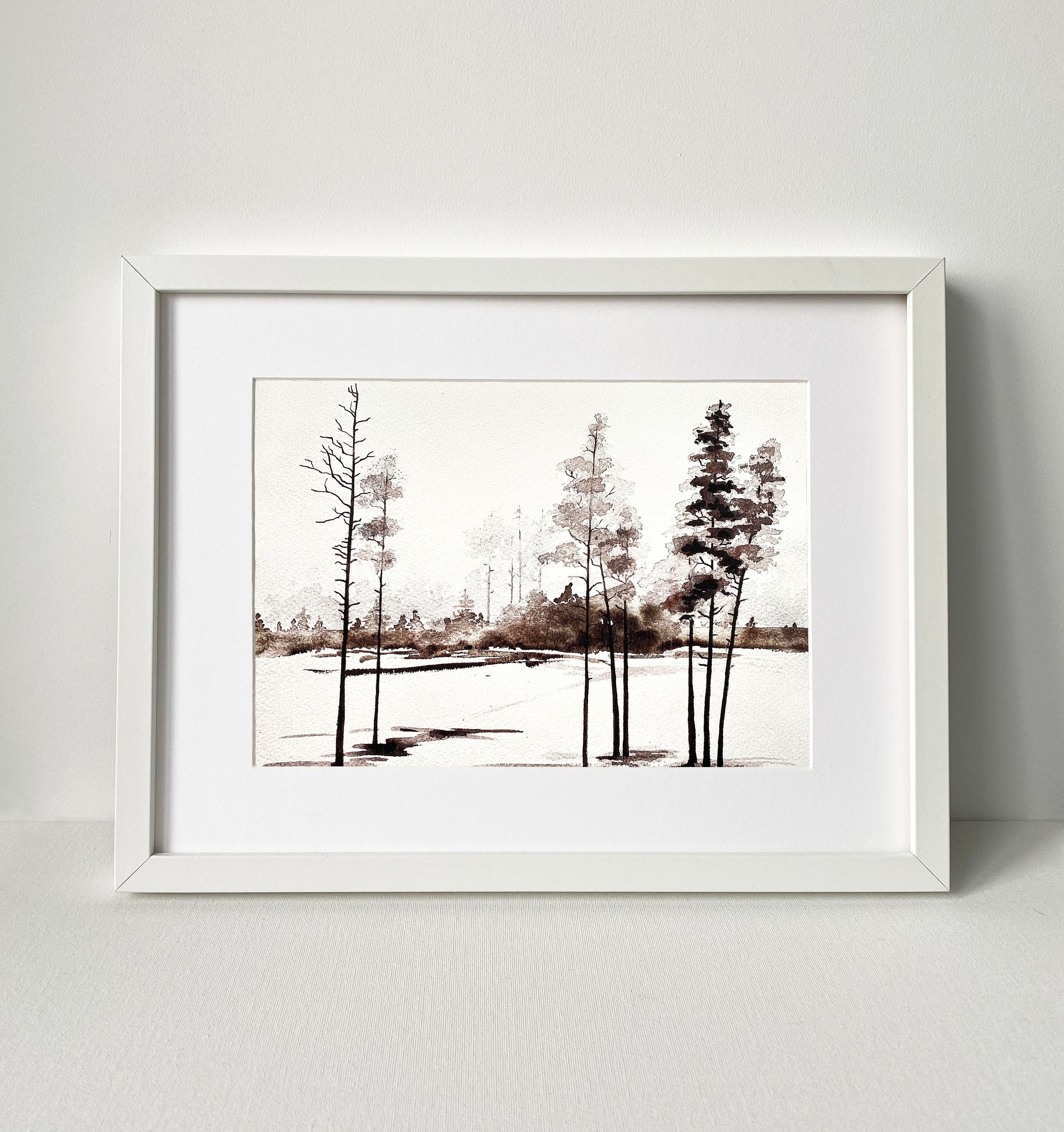 Original Winter Forest Art Print, Original Watercolor Painting, Meadow Trees, Aquarelle Print, White Forest Artwork, Minimalist Landscape