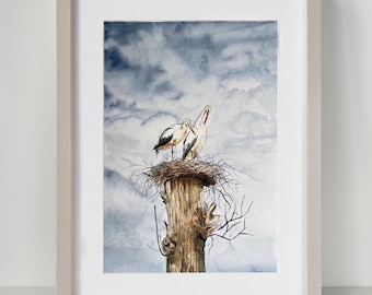 Stork Couple Watercolor Art Print: Animal Painting Home Decor