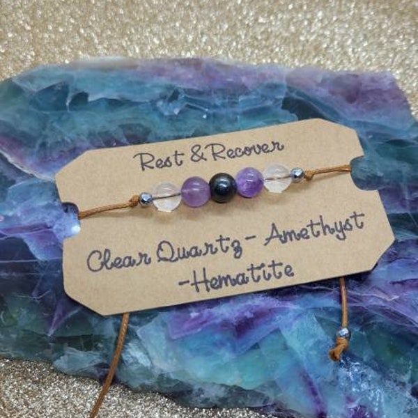 Rest & Recover Sliding Knot Bracelet; Adjustable Crystal Bracelet (seed beads vary based on availability) Clear Quartz, Amethyst + Hematite