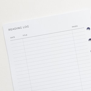 Reading Log A5 Planner Inserts | Filofax 6 Ring Binder | Book Club Journal