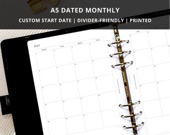 DATED A5 Monthly Planner Inserts | Printed | Separable | 6 Ring Organiser | Disc | Agenda Refill | Grid Calendar | Month on Two Pages | MO2P
