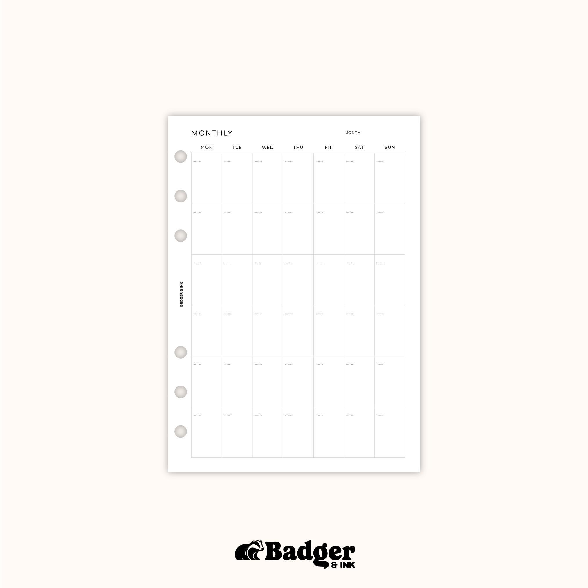Monthly A5 Planner Inserts | Filofax 6 Ring Binder | Undated Month on ...