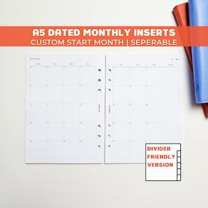 DATED A5 Monthly Planner Inserts | Printed | Separable | 6 Ring Organiser | Disc | Agenda Refill | Grid Calendar | Month on Two Pages | MO2P