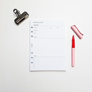 PRINTED A5 Meeting Planner Inserts | Single Page | Business Work Agenda, Meeting Minutes Template | 6 Ring Planner Inserts