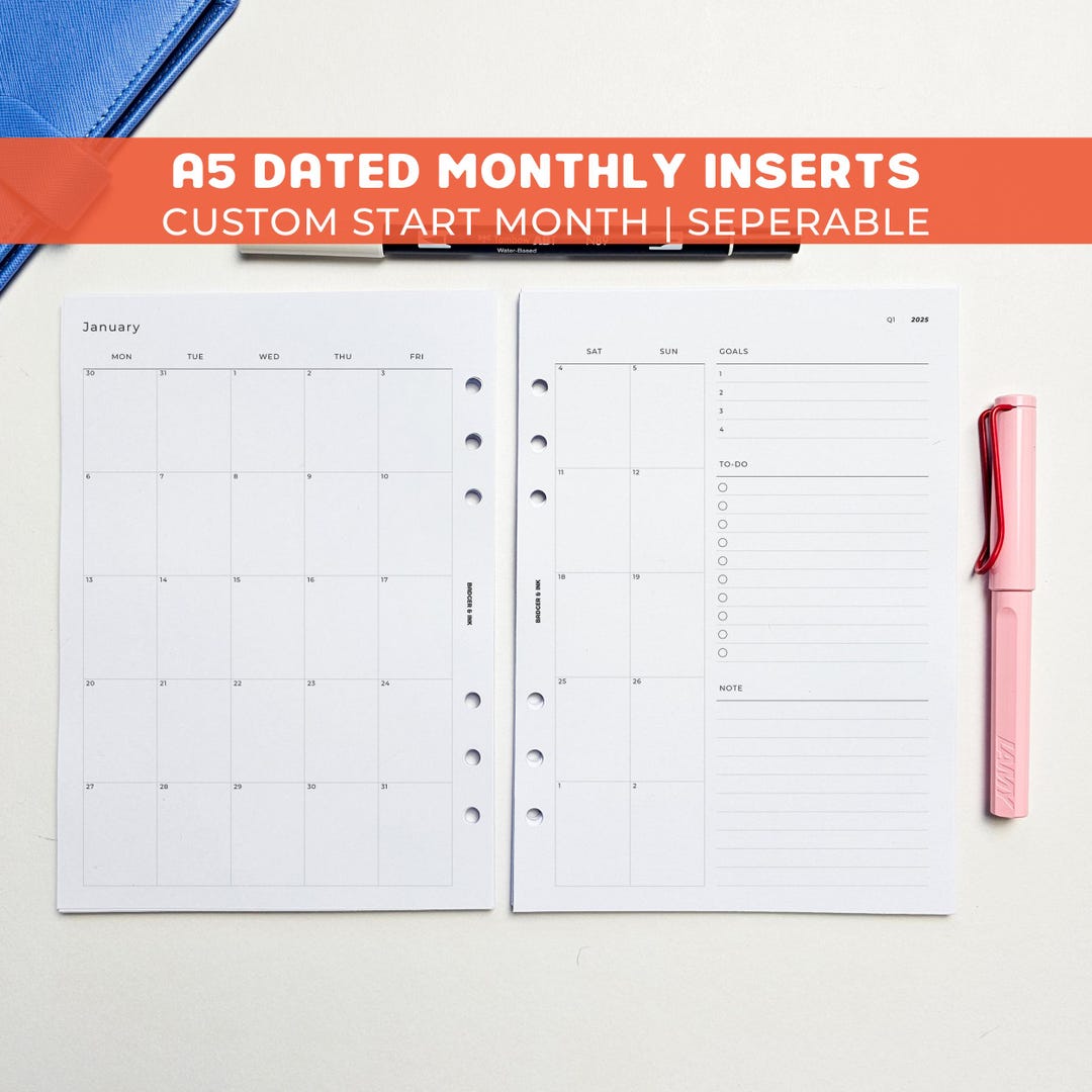 Monthly A5 Planner Inserts | Filofax 6 Ring Binder | Dated 2026 Diary ...