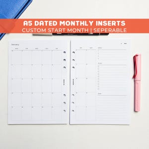 May include: A5 dated monthly planner inserts with a custom start month. The open planner shows a monthly calendar layout for January, with a to-do list and goals section. A pink pen rests on the right side. The text reads "A5 DATED MONTHLY INSERTS CUSTOM START MONTH | SEPERABLE".