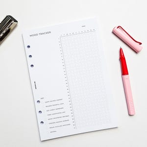 a mood tracking form with a grid layout, accompanied by a red pen and a black stapler on a white background.