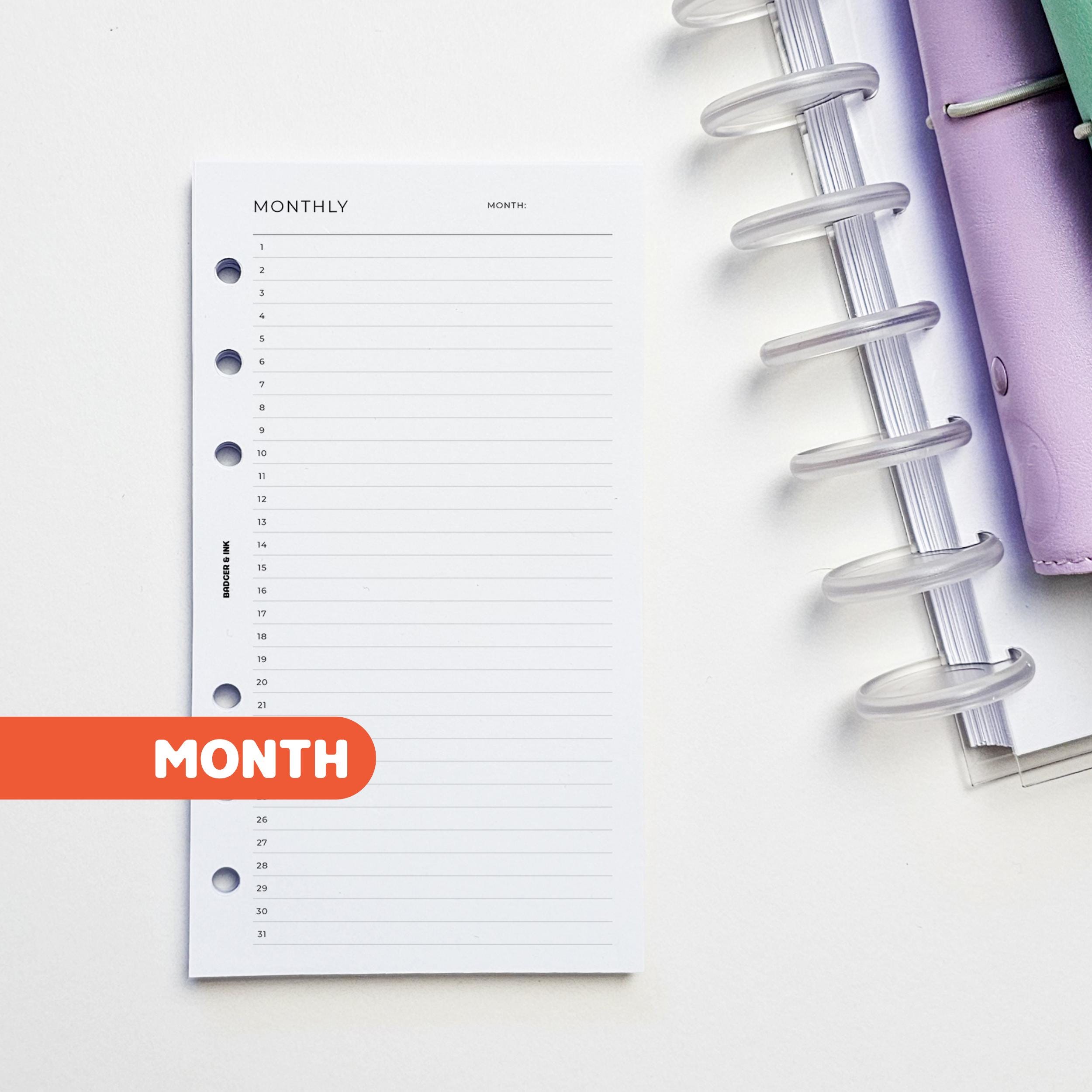 Monthly Planner Inserts | Personal Filofax 6 Ring Binder | Undated ...