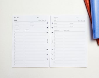 Recipe A5 Planner Inserts | Filofax 6 Ring Binder